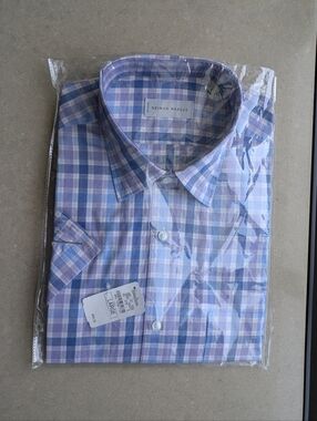 Neiman Marcus Men’s Short-Sleeve Plaid Button-Down in Blue White And Lavender